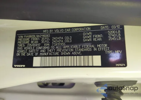 2010 Volvo Xc60 3.2 z USA, uszkodzony, nr VIN YV4960DL9A2116083